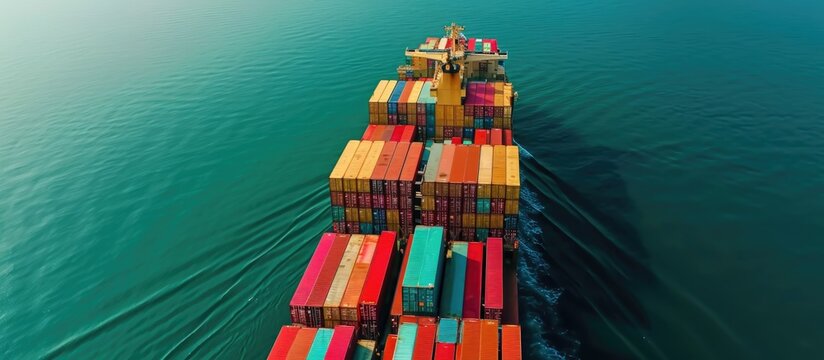 Fully loaded 4k aerial view of a large container ship.