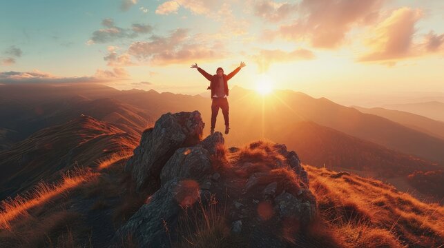 Victory jump of a young guy on a mountaintop at sunrise. He is celebrating as he reaches the top when first rays of autumn morning sun start spilling over the alpine hilltop.