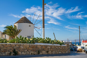 Close up view of Boni's Windmill on Mykonos island, Cyclades, Greece