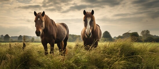 Three horses eating on a grassy meadow in Kent, UK. - obrazy, fototapety, plakaty