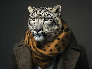 Snow leopard in a sleek business suit paired with a fashionable scarf, exuding an air of mystery and elegance in a high-end fashion photoshoot.