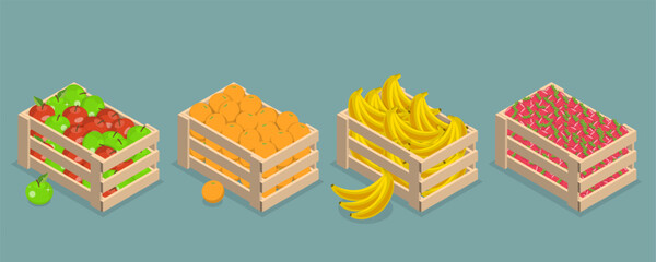 3D Isometric Flat Vector Illustration of Wood Organic Market Pack, Garden Fruits, Farming