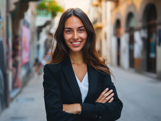 Portrait of a young happy pretty smiling professional business woman, happy confident positive female entrepreneur standing outdoor on street arms crossed, looking at camera