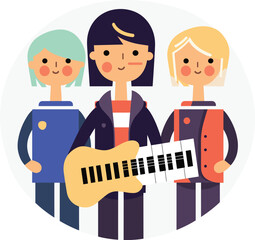Naklejka premium Three cartoon characters are playing music together in a vector illustration.