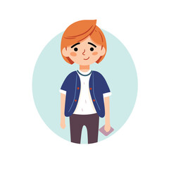 A red-haired boy with a smile stands still in a blue jacket in this cute vector illustration.
