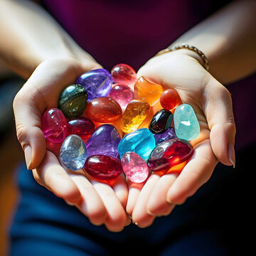 hands holding crystal healing stones, ai generated.