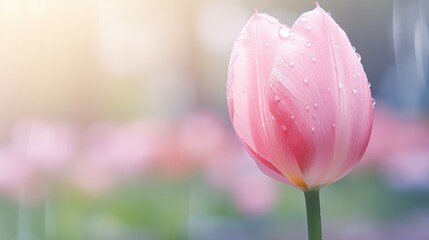Beautiful Single Pink Tulip With Blurry Background. Copy space, card, banner. Happy Women's Day, Mother's Day, Valentine's Day, Easter.