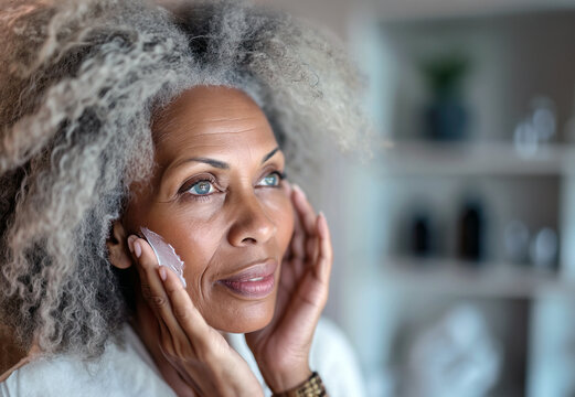 Senior black Woman With Grey Hair Looking at Mirror in Clinic of Aesthetic Medicine