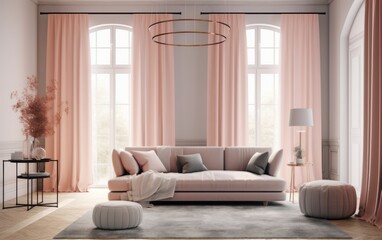 Interior of modern living room with pink curtains and sofa