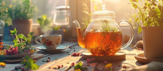 Brewing a delicious herbal tea on a sunny day. - obrazy, fototapety, plakaty