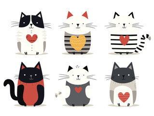 A cute collection of six cats with various patterns, sitting and smiling in a vector illustration.