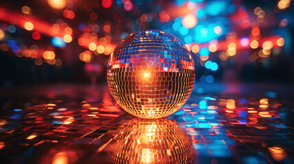 Golden disco ball shining amidst a fiery light display, setting the stage for a night of glamorous festivities. - obrazy, fototapety, plakaty