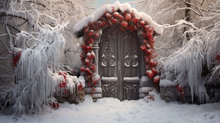 A wooden gate covered in frost and adorned with elegant red ribbons