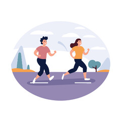 Young man and woman jogging together on road. Casual running workout in nature. Fitness couple running, outdoor exercise vector illustration.