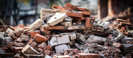 Demolition site: Closeup of broken brick stack.