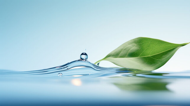 Single green leaf on the water's surface, capturing the essence of purity and the environment's serenity.