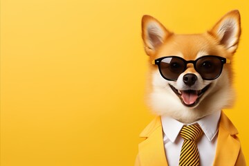 Stylish dog in sunglasses and suit with tie, isolated on yellow background with copy space