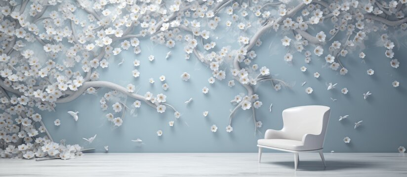 Custom design wallpaper featuring a tree adorned with white sakura flowers for digital printing.