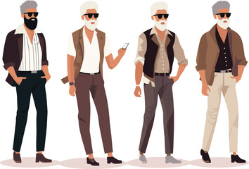 Stylish senior man fashion poses. Elderly male character in different outfits. Fashionable older gentleman casual wear vector illustration.