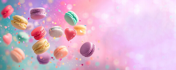 colorful macarons banner with copy space with hearts flying in air on pink and purple background in...