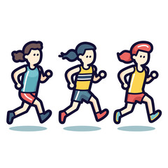 Fototapeta na wymiar Three cartoon kids running side by side in sporty outfits. Young runners in a race. Children active lifestyle and exercise vector illustration.