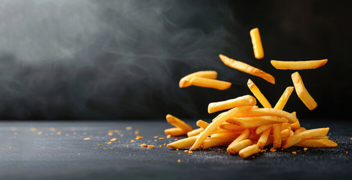 floating french fries on dark background, banner with copy space