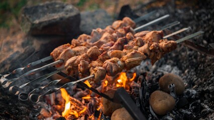 Fried shish kebab on outdoor grill. Shallow depth of field