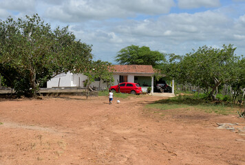 old house, old rural house, old rural house in the countryside, sunny day, Brazilian Northeast, simple house, rural exodus, social issue, food delivery, children running, happy children
