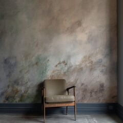 Interior of a living room with a chair and a grunge wall