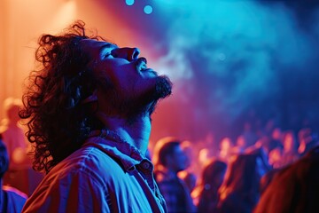A passionate concert-goer immersed in the euphoric atmosphere, with eyes shut and mouth agape, captivated by the entrancing music and lost in the moment of pure entertainment - obrazy, fototapety, plakaty