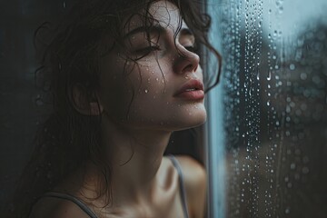 A contemplative woman gazes out of a fogged window, her wet hair clinging to her face as she is lost in thought amidst the gentle bubbles of water - obrazy, fototapety, plakaty