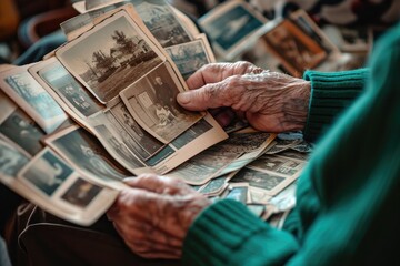 A nostalgic elderly individual cherishing their memories, surrounded by a collection of cherished photographs, newspaper clippings, handwritten notes, and worn clothing, while flipping through a weat