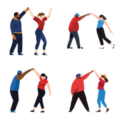 Two diverse groups of people dancing joyfully. Friends enjoying a dance party together. Happy casual dance gathering vector illustration.