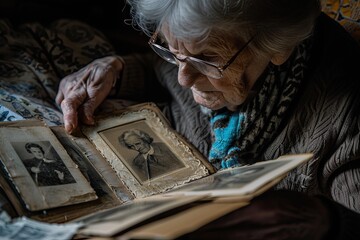 Lost in memories, a woman in glasses sits indoors, her face illuminated by the pages of an old album she holds dear - obrazy, fototapety, plakaty