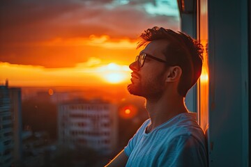 A contemplative man gazes at the vibrant sunset, framed by the silhouette of a city building, his face illuminated by the warm backlighting and his clothing fluttering in the gentle breeze