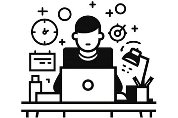 A quirky cartoon illustration of a man engrossed in design, surrounded by clipart, as he sits at his computer with a look of determination and creativity