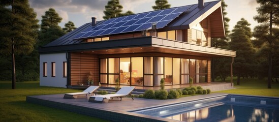 Contemporary home with rooftop solar cells for alternative energy.