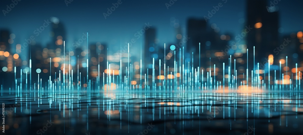 Wall mural abstract blurred bokeh background with financial technology symbols and dynamic light streaks