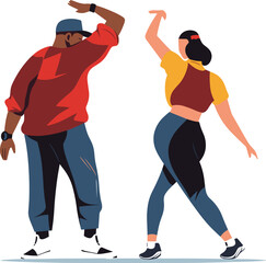 African-American man and Caucasian woman dancing hip hop. Dancers performing modern dance moves. Urban street dance duo vector illustration.