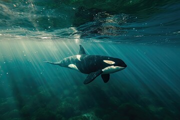 Fototapeta premium A majestic cetacean, its sleek fin cutting through the crystal clear water, gracefully navigates the vast expanse of the ocean, embodying the beauty and wonder of marine biology