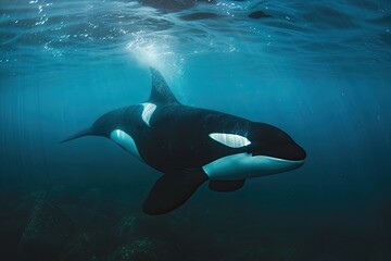 Obraz premium Graceful and majestic, a black and white cetacean glides through the ocean depths, its powerful fin propelling it forward in a mesmerizing display of marine biology