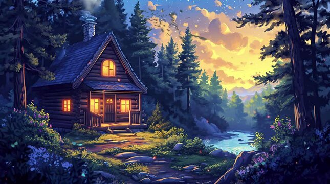 wooden cabin by the forest river  Seamless looping 4k time-lapse virtual video animation background. Generated AI