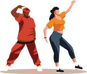 African man and Caucasian woman dancing hip hop. Energetic young adults in casual clothing performing street dance moves. Urban culture and dance lifestyle vector illustration.