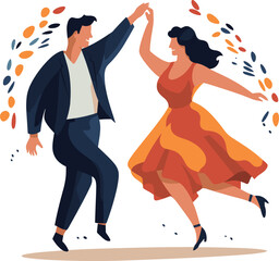 Hispanic couple dancing salsa, man in suit, woman in red dress. Festive mood, dynamic movement, joyful dance vector illustration.