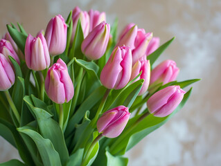 Fototapeta premium Bunch of pink spring flowers with green leaves at home, light beautiful purple tulips bouquet as nice romantic present from floral shop made by professional florist, vertical close up view copy space