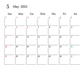 2025年5月、日本のカレンダー - obrazy, fototapety, plakaty