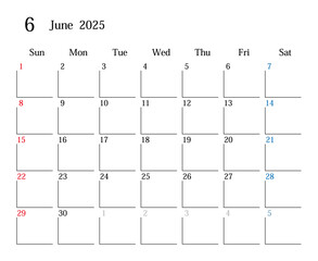 2025年6月、日本のカレンダー