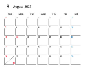 2025年8月、日本のカレンダー