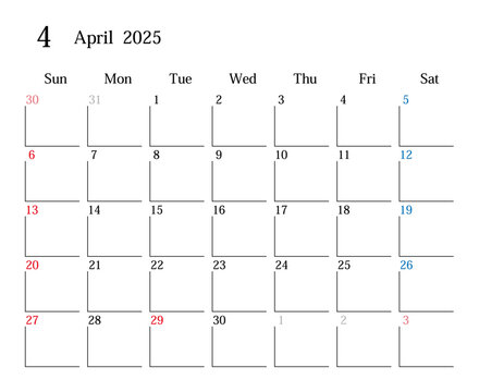 2025年4月、日本のカレンダー