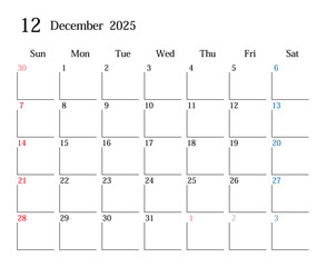 2025年12月、日本のカレンダー